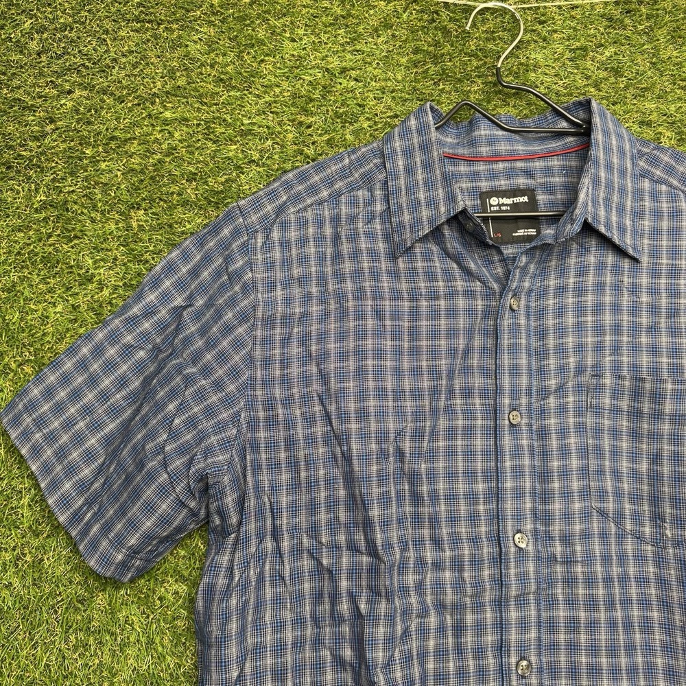 Marmot Shirt Mens Large Blue Plaid Short Sleeve Button Up Casual Pockets Outdoor